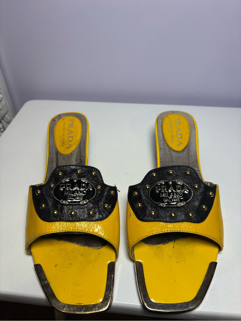 Prada Yellow Leather Slide Sandals with Black Studded Logo 42
